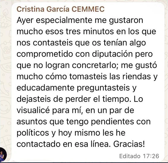 Captura del mensaje de Cristina García, de CEMMEC, sobre una conversación pendiente que llevó a la acción